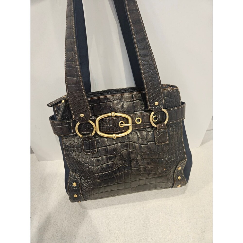 Wilsons Leather Dark Brown Croc-Embossed Shoulder Tote with Gold Hardware